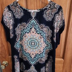Paisley Print Women's Top - Navy and Peach